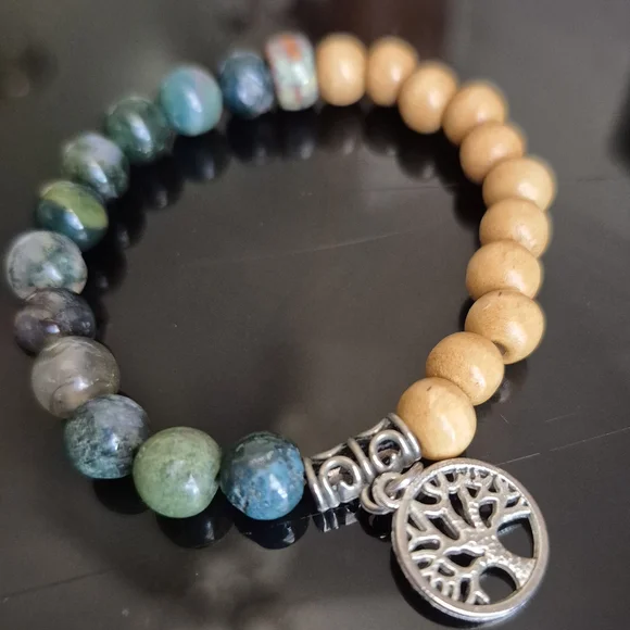 Tree Of Life Braclet! Handmade With Natural Moss Agate And Mala Beads! - Picture 4 of 12